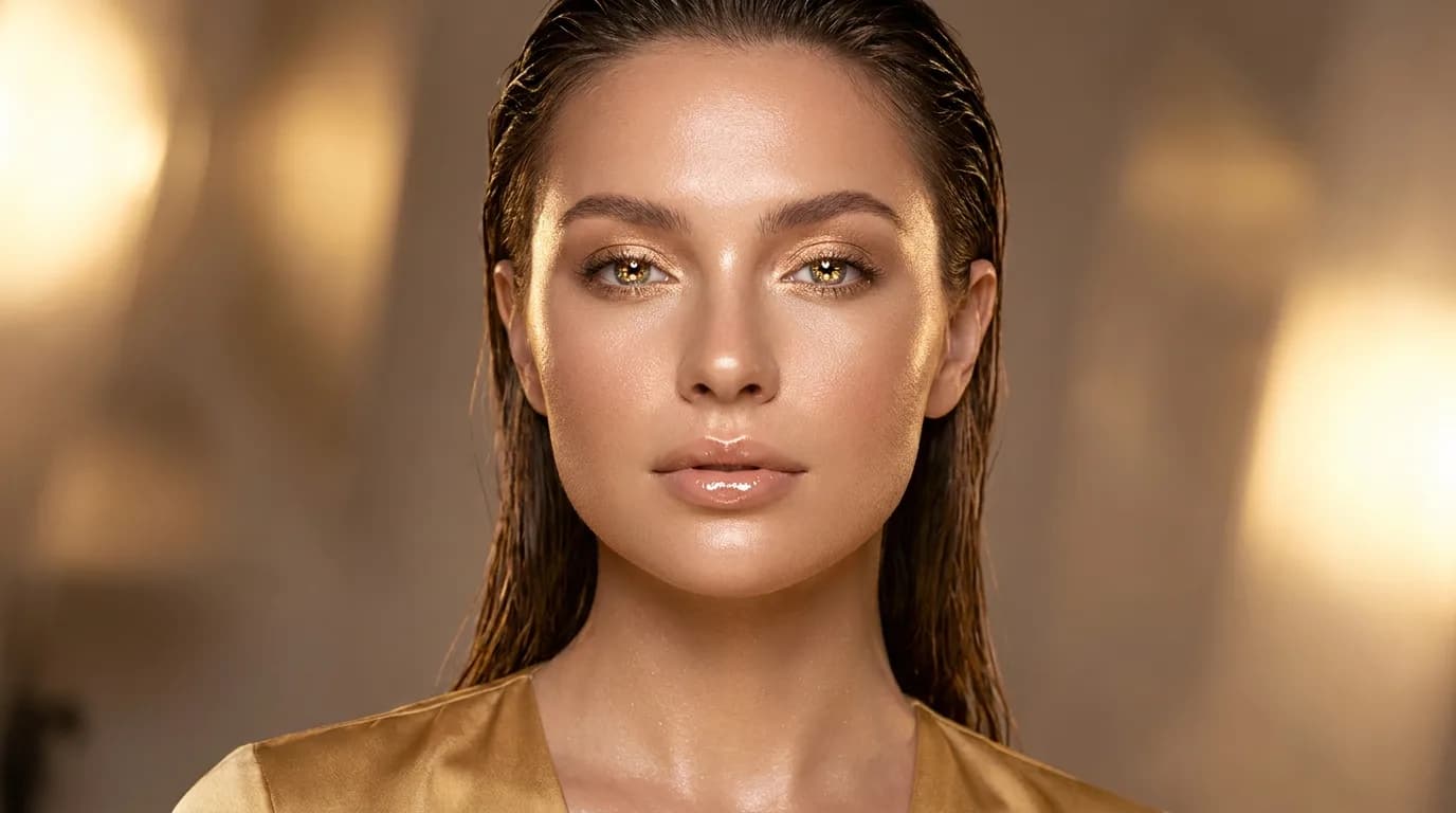 A warm studio beauty portrait with a gold color palette