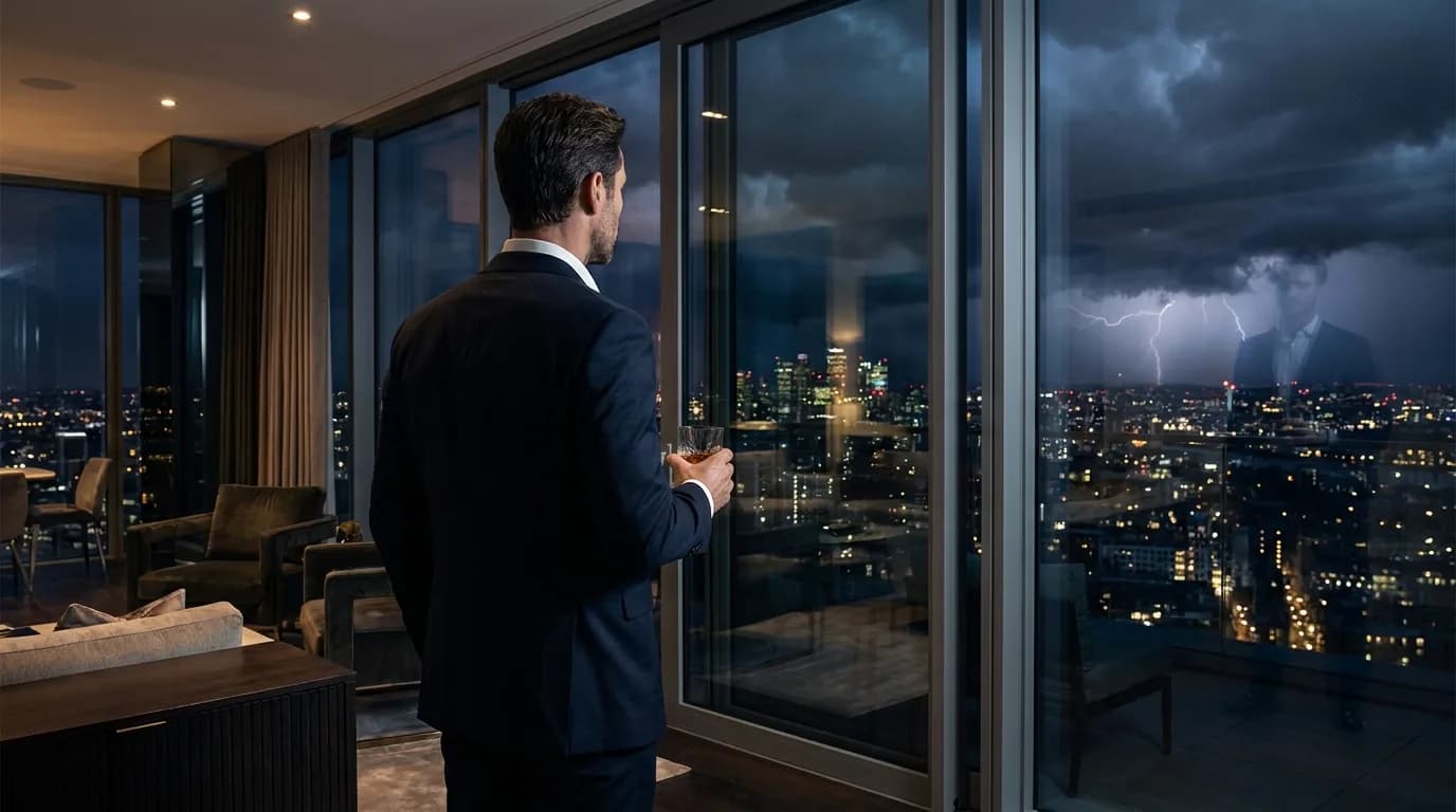 An executive looking over a city during a lightning storm