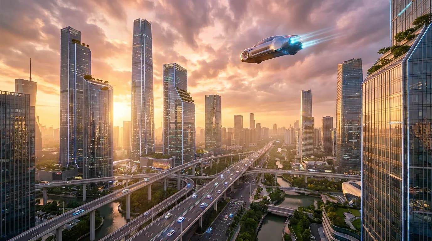 A cinematic future city at sunset with a flying car above the skyline