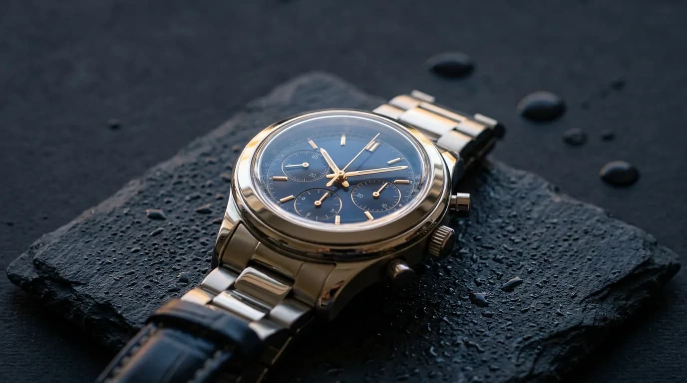 A cinematic close-up of a silver watch on wet black stone