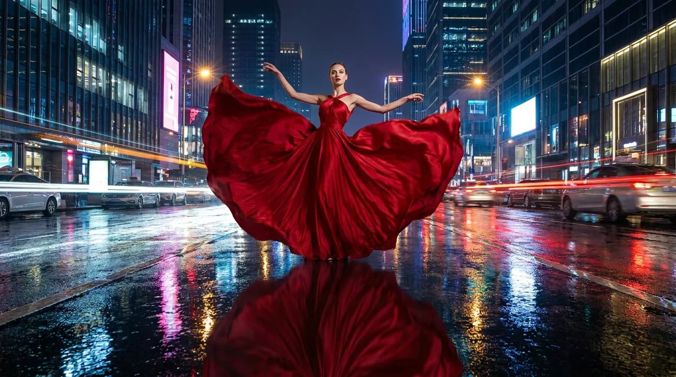 A fashion portrait of a woman in a red dress on a rain-lit city street